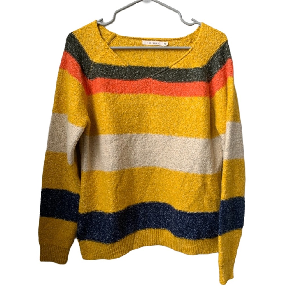 ELLISON Women’s Gold Ivory Orange Charcoal Gray Striped Boucle Sweater